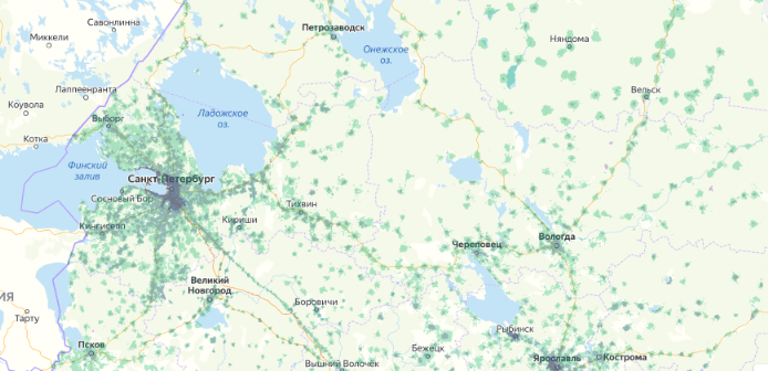 Зона покрытия МТС на карте Нальчик 